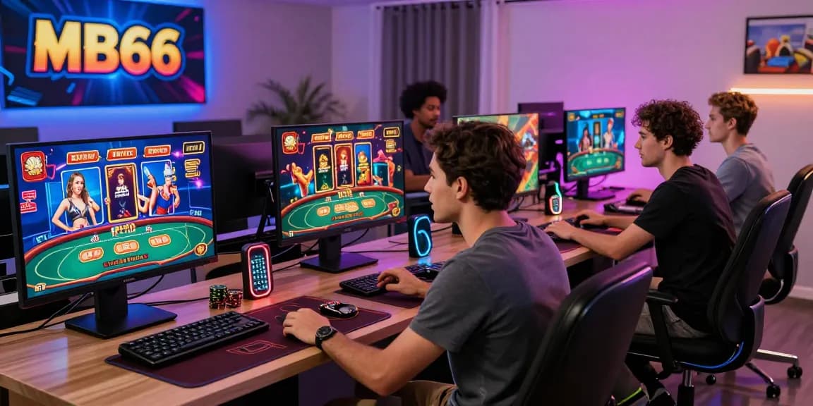 Players enjoying thrilling online games at MB66 virtual casino, vibrant atmosphere and technology.