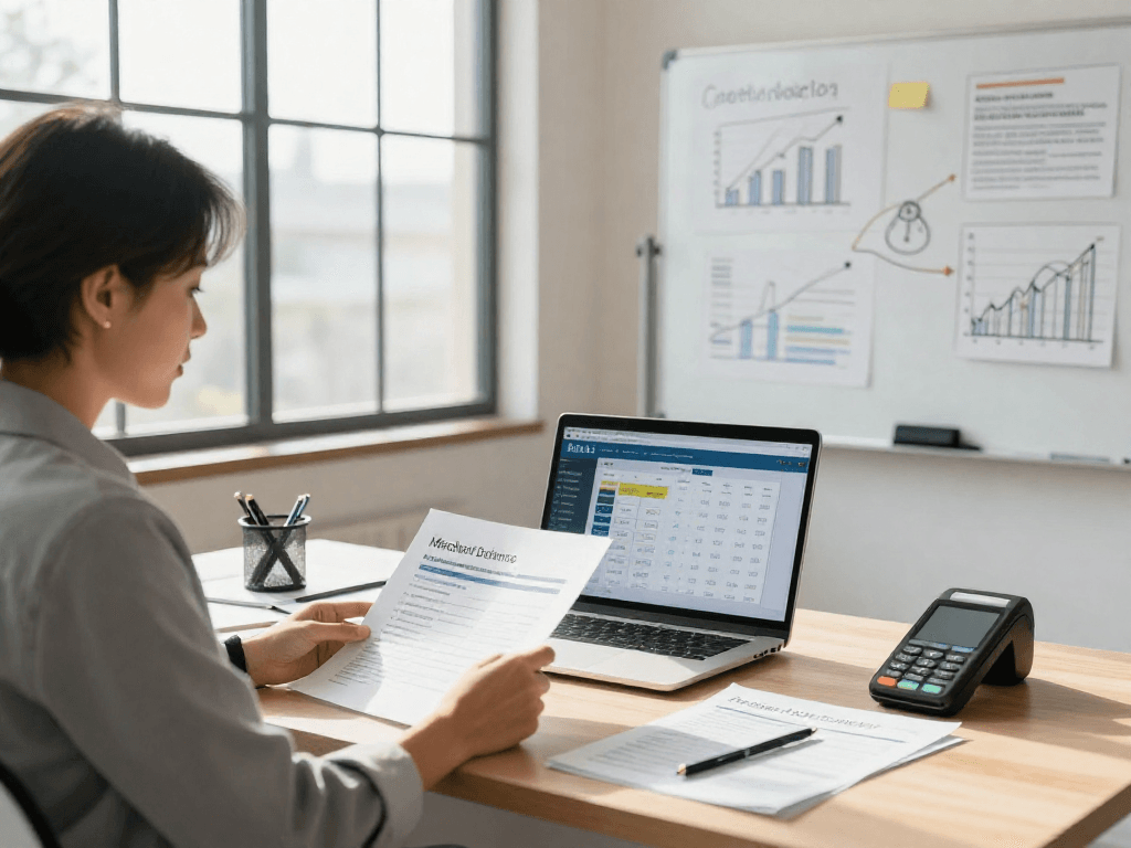 Business owner assessing a merchant cash advance with financial documents and a calculator.